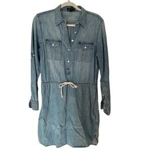 LRL Lauren Jeans Co Women's Light Blue Roll Tab Long Sleeve Denim Shirt Dress, 8